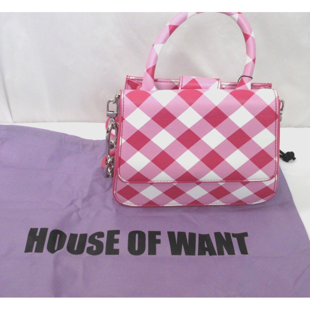 HOUSE OF WANT NEWBIE VEGAN LEATHER SATCHEL BAG Fuchsia‎ Gingham NEW WITH TAGS